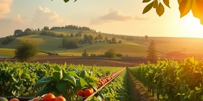 A picturesque view of a sunlit field rich in fresh fruits and vegetables, representing the importance of sustainable food practices.