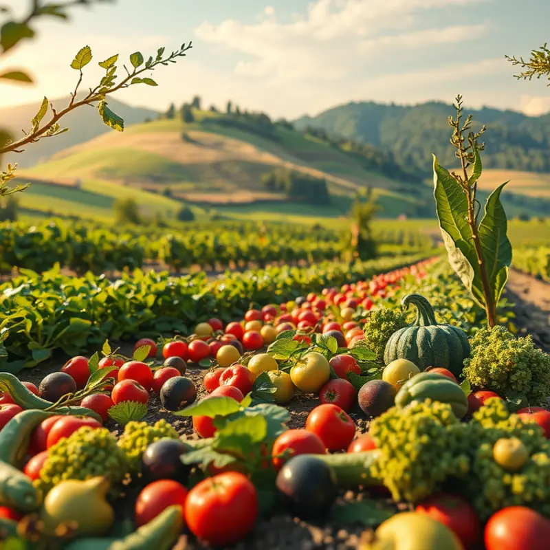 A sunlit Mediterranean landscape with vibrant fruits and vegetables embodying health and abundance.