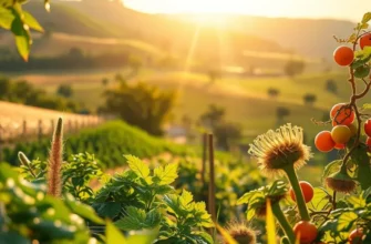 Vibrant organic vegetables and fruits in a lush landscape.