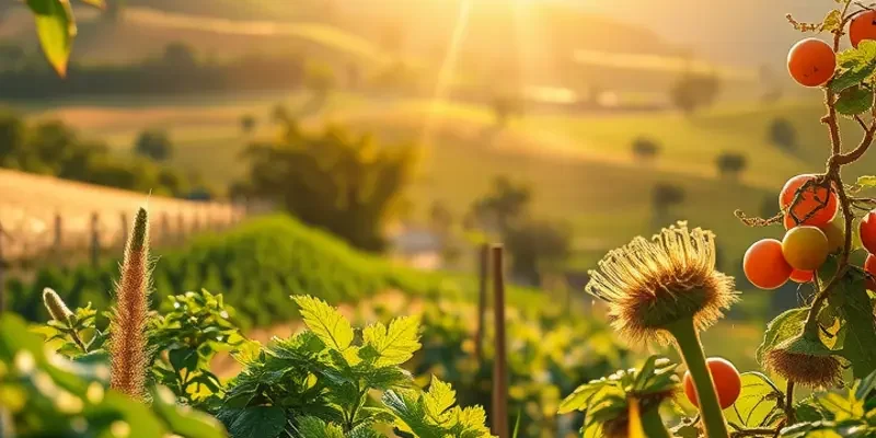 Vibrant organic vegetables and fruits in a lush landscape.