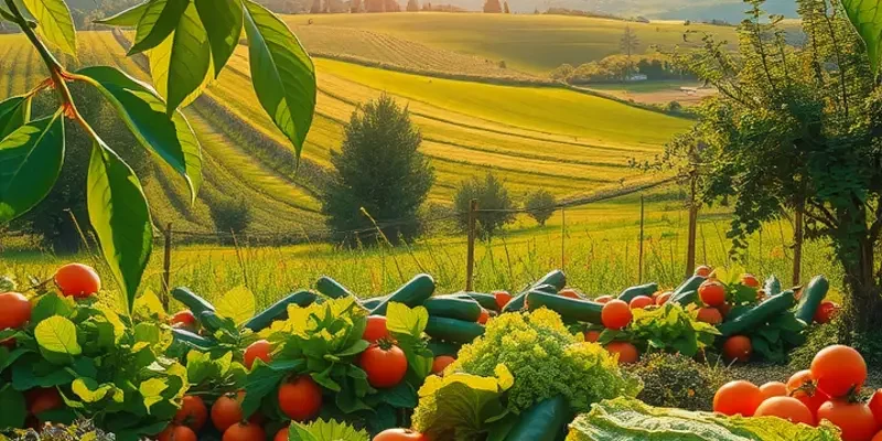 A vibrant sunlit orchard showcasing an abundance of healthy fruits.