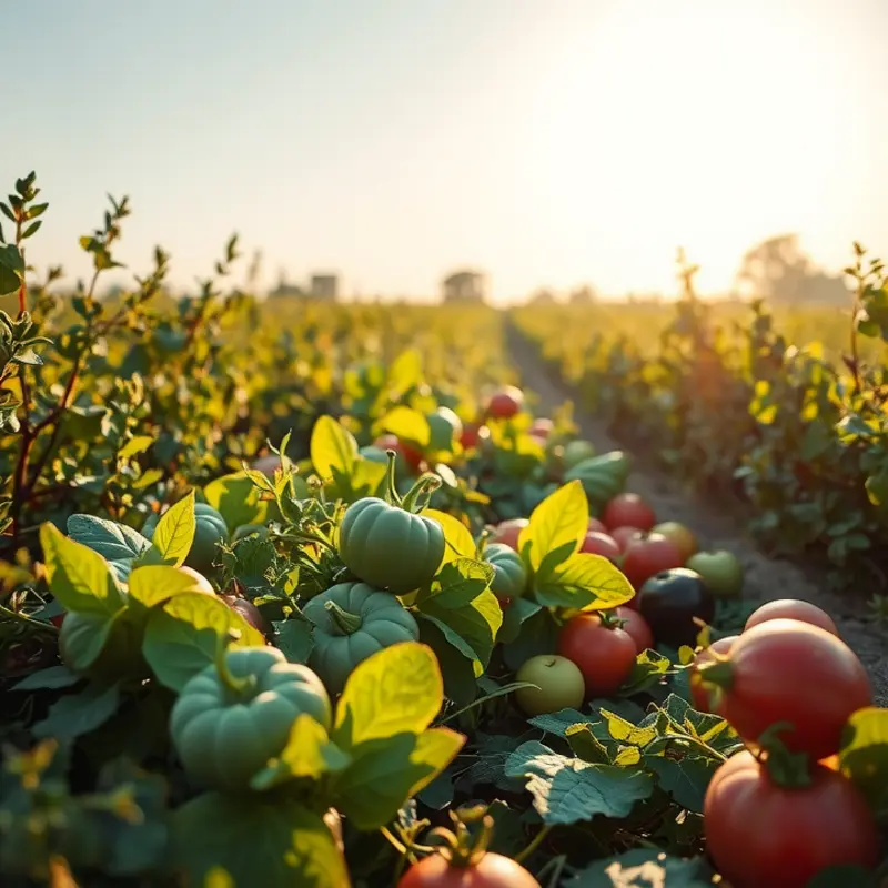 A sunlit field showcasing vibrant vegetables and fruits.