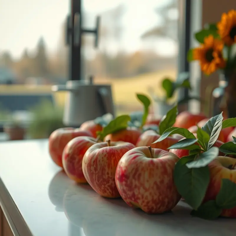 Sunlight filtering through apple trees, showcasing ripe apples ready for harvest.