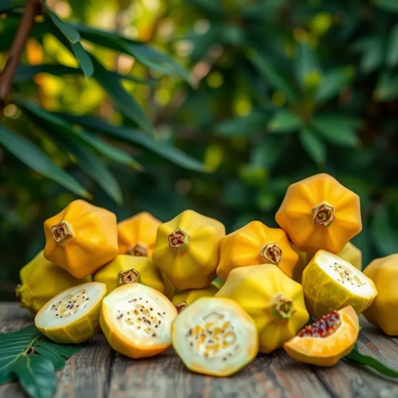 A sunny cherimoya orchard filled with vibrant fruits and lush greenery.