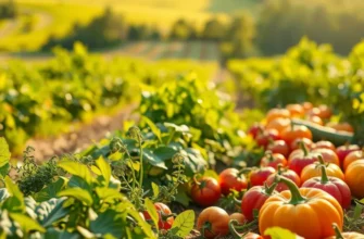 A vivid field abundant with fresh fruits growing among lush greenery.