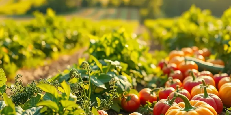 A vivid field abundant with fresh fruits growing among lush greenery.