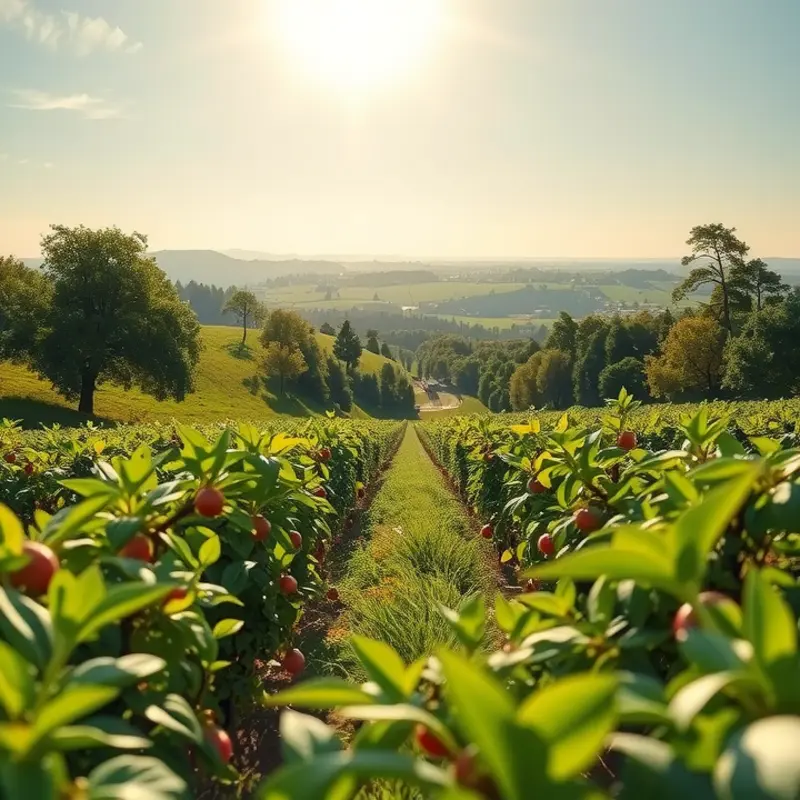 A vibrant landscape with a variety of fresh fruits illustrating nature’s abundant flavors.