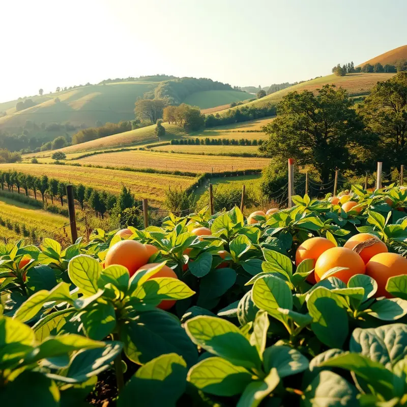 A sunlit orchard teeming with ripe fruits ready for harvesting.