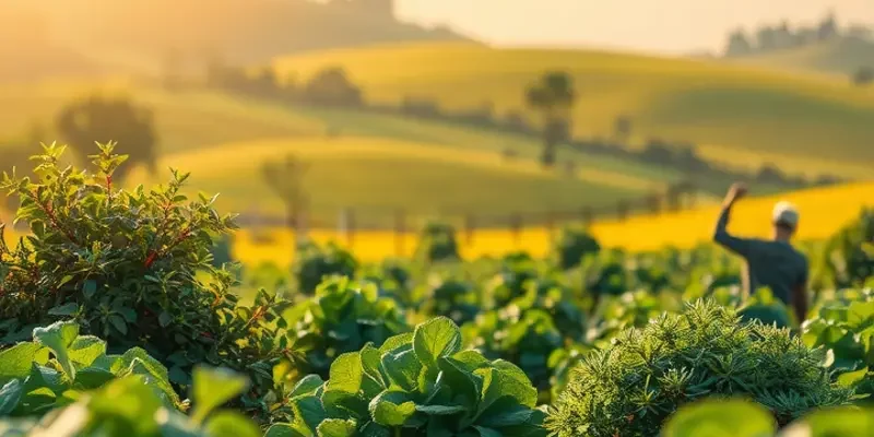 A vibrant landscape filled with fresh fruits and vegetables in a sunlit field, representing healthy meal options.