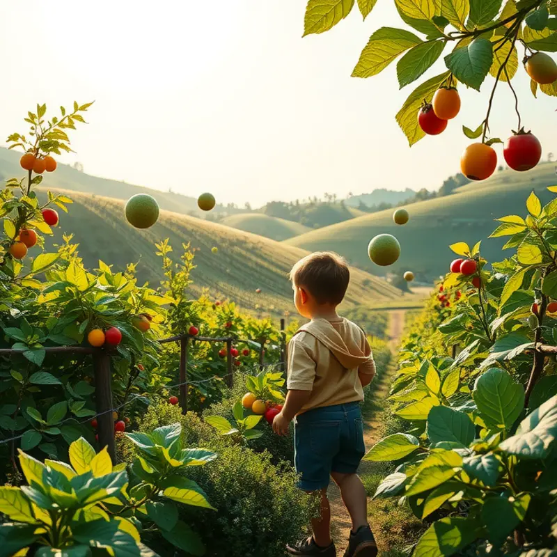 A sunlit field of vibrant fruits and vegetables, symbolizing fresh and organic cooking essentials.