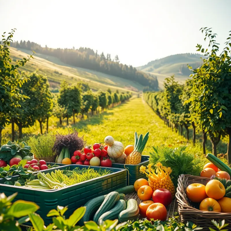 A sunlit garden showcasing fresh vegetables and fruits.