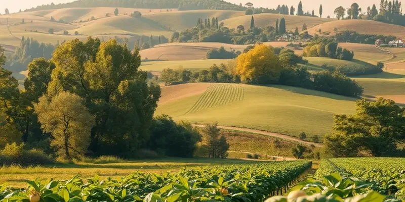 A lush landscape filled with an abundance of organic vegetables and fruits illuminated by soft, warm sunlight.