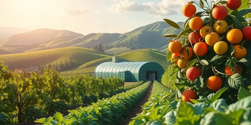 A sunlit field filled with fresh fruits and vegetables, representing healthy nutrition.