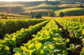 A scenic landscape filled with colorful organic fruits and vegetables in a lush setting.
