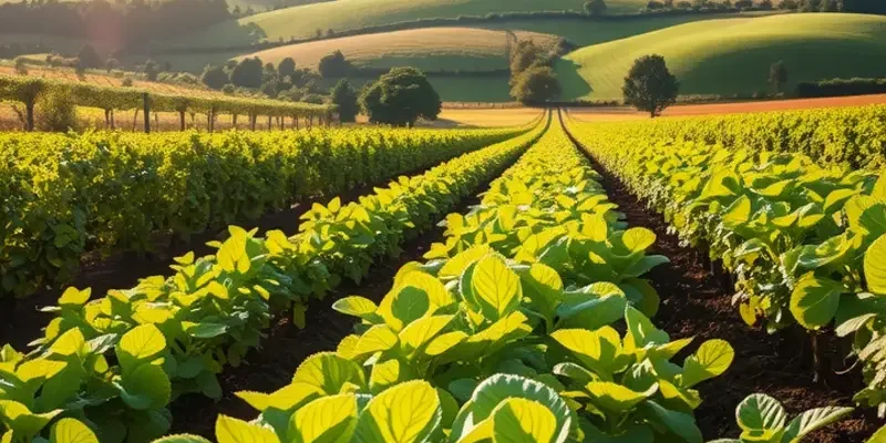 A scenic landscape filled with colorful organic fruits and vegetables in a lush setting.