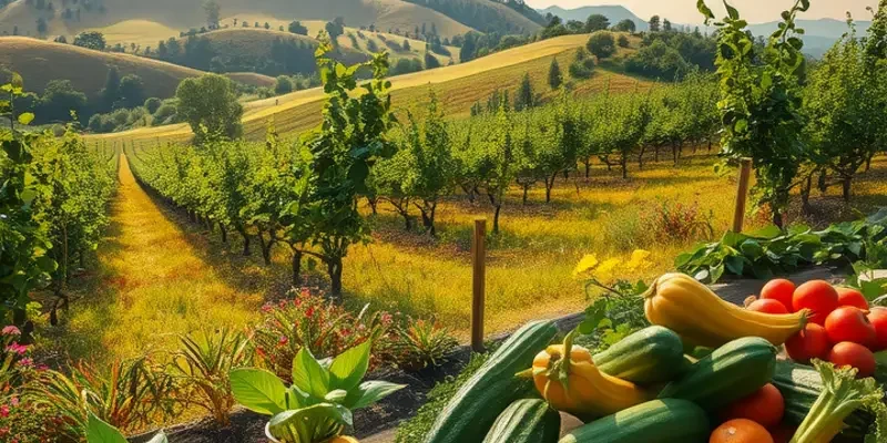 A bright and lush field filled with organic grains and produce, representing healthy food practices.