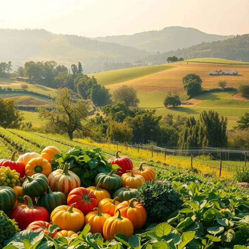 A vibrant orchard brimming with fresh organic fruits and vegetables under warm sunlight.