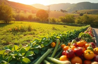 A picturesque landscape depicting a field filled with colorful fresh produce under sunlight.