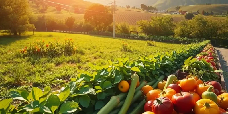 A picturesque landscape depicting a field filled with colorful fresh produce under sunlight.