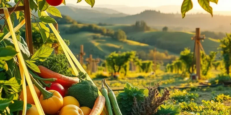 A lush landscape filled with fresh vegetables and fruits in natural sunlight.