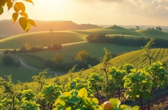 A picturesque sunlit landscape showcasing a field of vibrant vegetables and fruits amidst lush greenery.