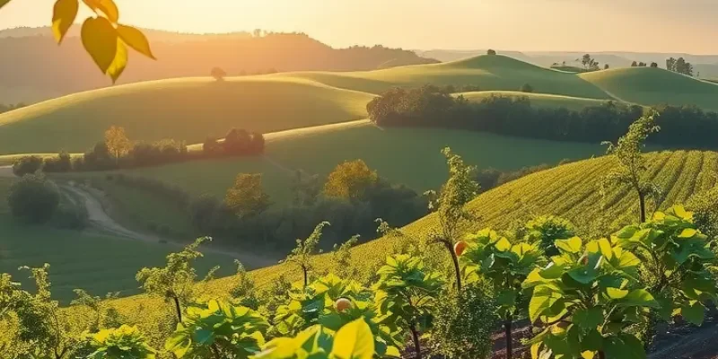 A picturesque sunlit landscape showcasing a field of vibrant vegetables and fruits amidst lush greenery.