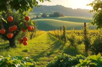 A sunlit landscape of an orchard brimming with vibrant fruits and vegetables.