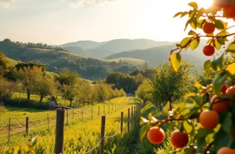 A peaceful organic landscape filled with fresh vegetables and fruits under warm sunlight.