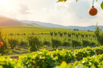A rich landscape filled with vibrant organic vegetables and fruits under soft sunlight.
