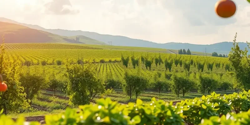 A rich landscape filled with vibrant organic vegetables and fruits under soft sunlight.