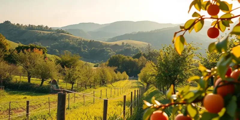 A peaceful organic landscape filled with fresh vegetables and fruits under warm sunlight.