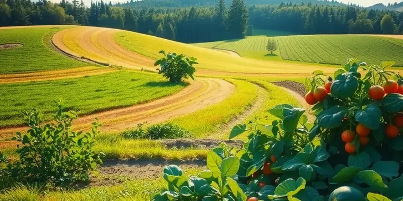 Sunlit field brimming with vibrant vegetables and fruits.