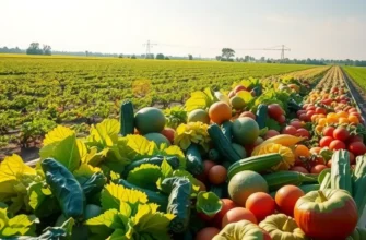A vibrant landscape filled with fresh, organic vegetables and fruits basking in the sunlight.