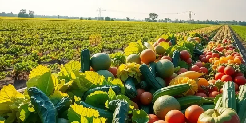 A vibrant landscape filled with fresh, organic vegetables and fruits basking in the sunlight.