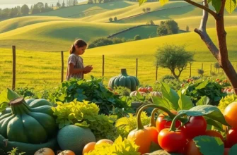 Photorealistic landscape of a sunlit field filled with vibrant organic vegetables.