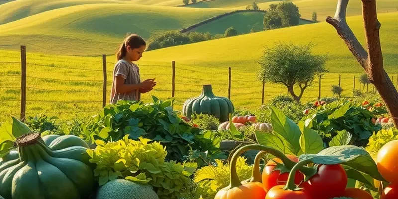 Photorealistic landscape of a sunlit field filled with vibrant organic vegetables.