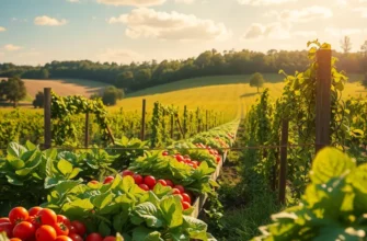 A field of vibrant, organic vegetables and fruits flourishing under natural sunlight.
