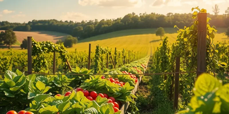 A field of vibrant, organic vegetables and fruits flourishing under natural sunlight.