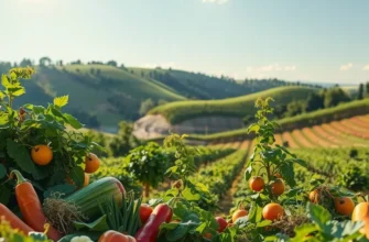A lush green field showcasing an abundance of fresh vegetables and fruits.