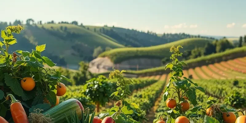 A lush green field showcasing an abundance of fresh vegetables and fruits.