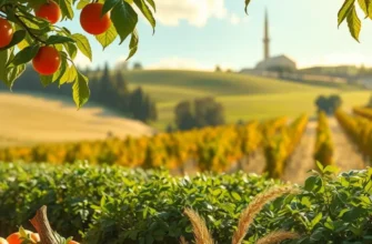 A scenic view of an orchard filled with ripe fruits and lush vegetables.