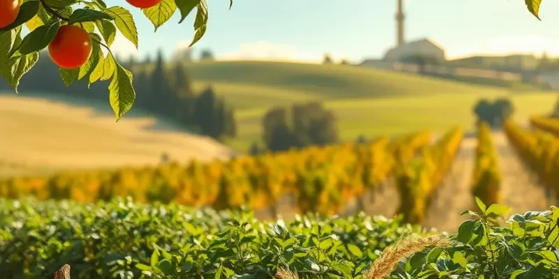 A scenic view of an orchard filled with ripe fruits and lush vegetables.