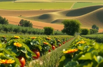A scenic view of an organic orchard filled with fresh fruits and vegetables.