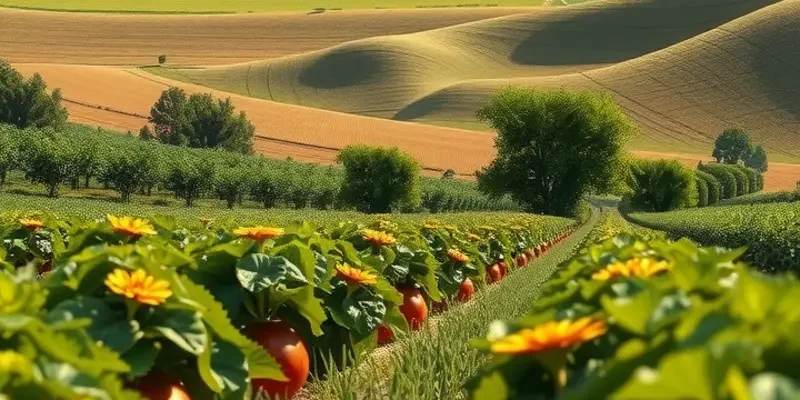 A scenic view of an organic orchard filled with fresh fruits and vegetables.
