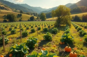 Photorealistic landscape showcasing a bountiful garden with organic vegetables.