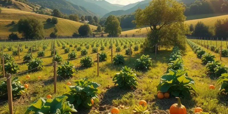 Photorealistic landscape showcasing a bountiful garden with organic vegetables.