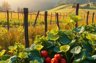 A picturesque sunlit landscape filled with fresh, organic vegetables and fruits in lush surroundings.