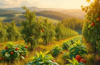 A vibrant sunlit field filled with organic vegetables and fruits under a clear sky.