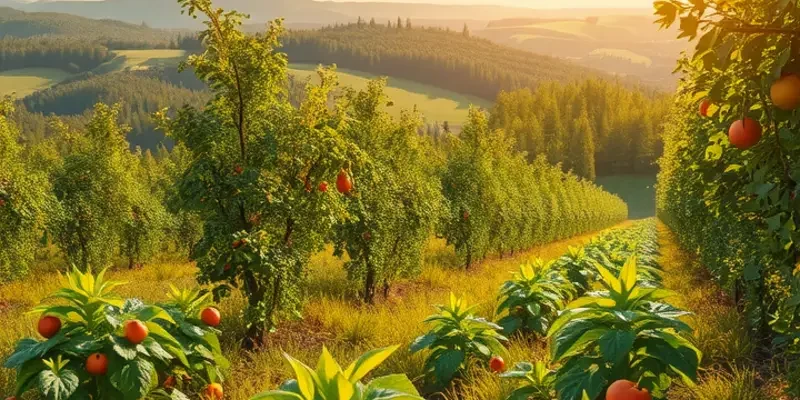 A vibrant sunlit field filled with organic vegetables and fruits under a clear sky.