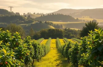 A picturesque landscape featuring vibrant organic fruits and vegetables thriving in a sunlit field.